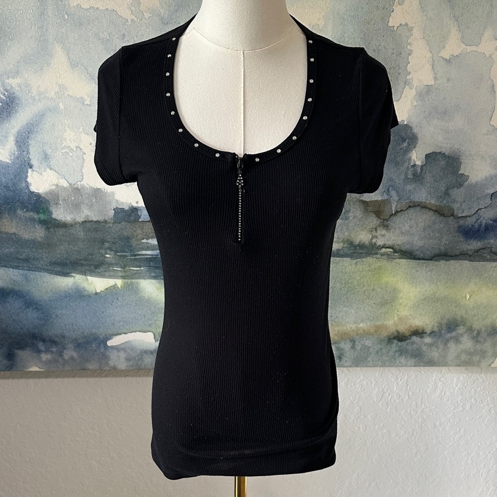 S Black Short-Sleeve Scoop Neck Top with Stud Diamante Trim